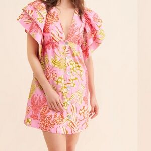 Farm Rio Mixed Lobsters Ruffle-Sleeve Buttondown Dress